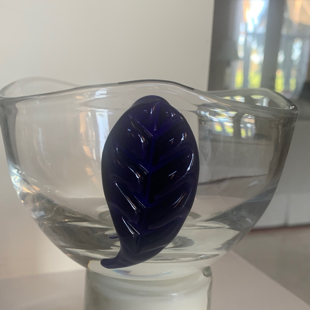Elegant Glass Bowl with Blue Leaf Accent